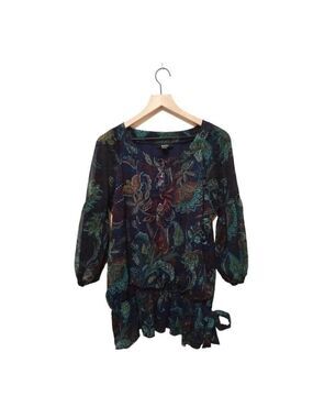KAKTUS Navy Floral Scoop Neck Peplum 3/4 Sheer Sleeve Blouse Sz XL